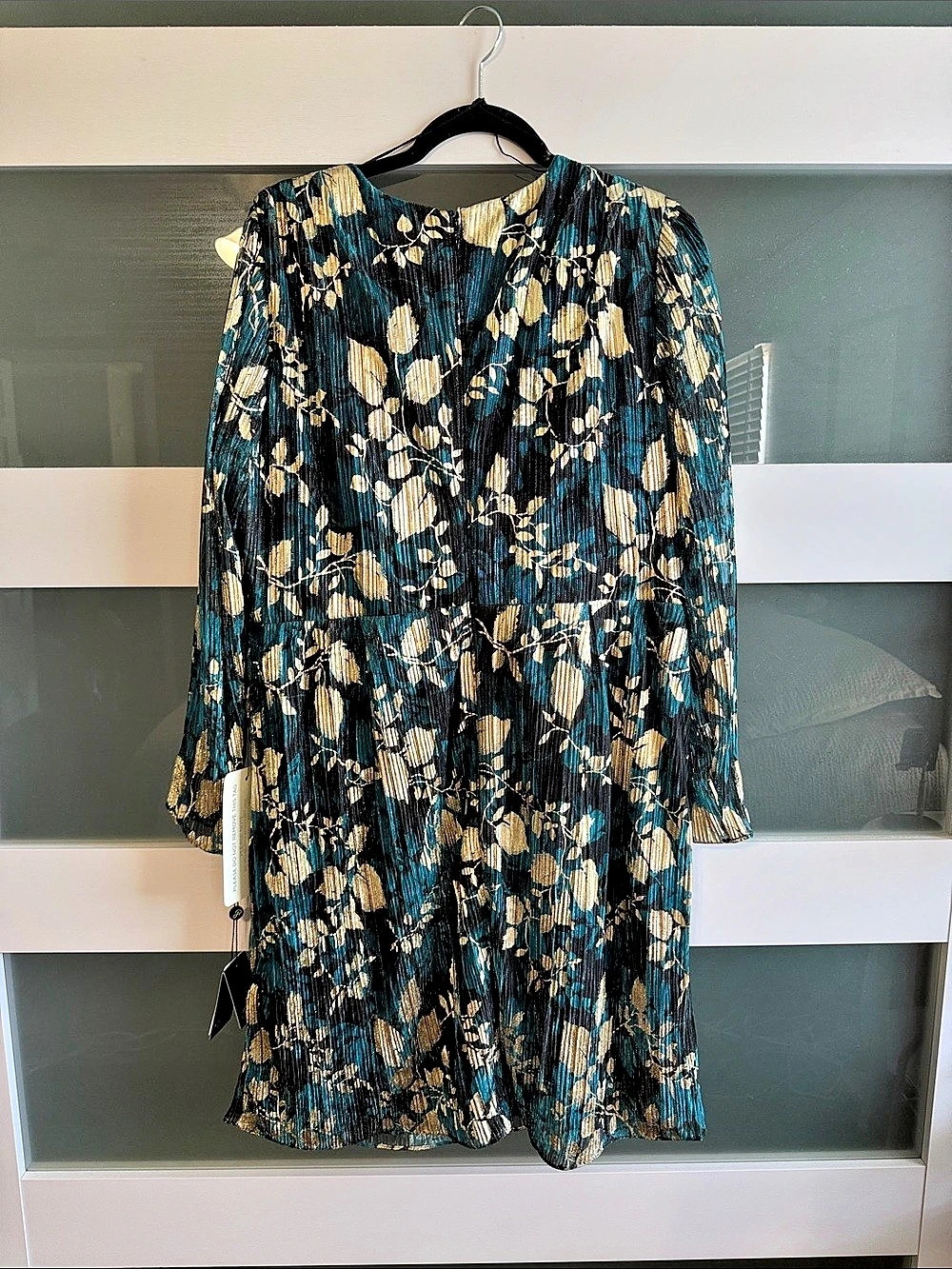 Adrianna Papell Crinkle Foil Wrap Dress Blue & Gold Size 16W - Picture 2 of 3